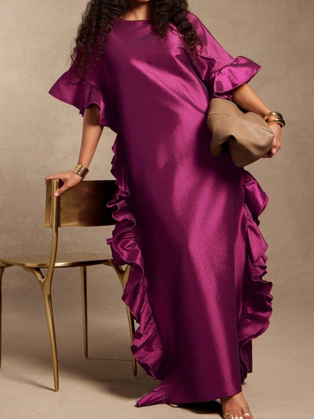 Red Violet Elegant Women's Ruffle Knot Flare Sleeve Taffeta Maxi Dress